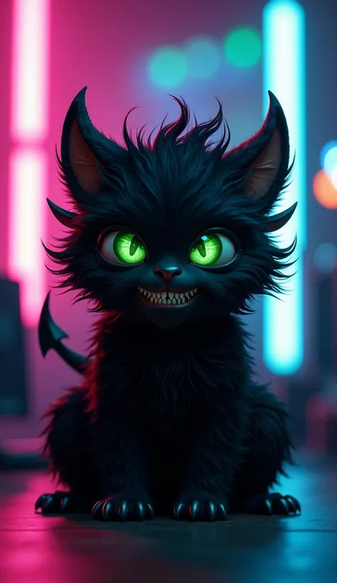 a cute devil ,  with hairy black fur and green eyes, YOU MUST BE A GAMER and be in a room with LED lights that look like a maniac