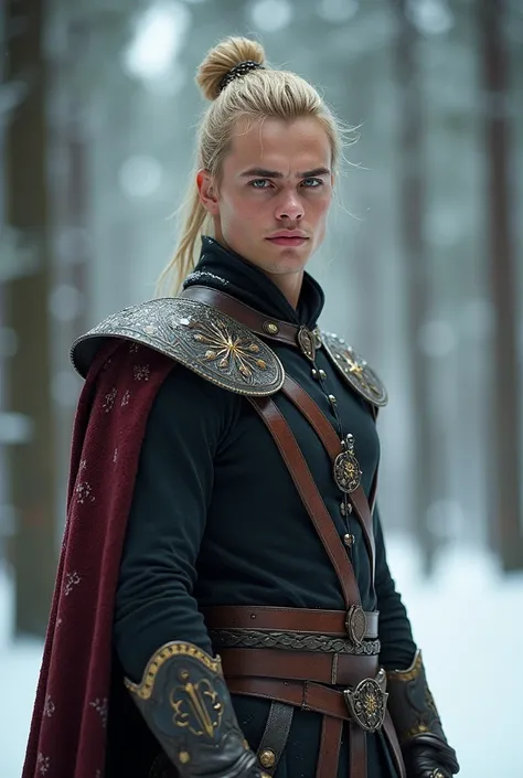 RAW photo, (full body), handsome young man, 25 years old, of a god clothes like a lord with ruby glue Norse warrior wizard, details golden hair, red eyes, reddening lips, white skin 8k, photorealism, in a pine forest, snow in a snowy forest setting, Czech ...