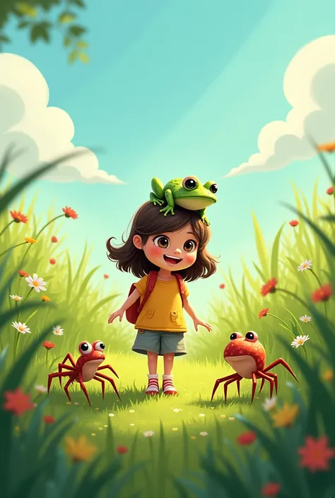 The girl Chelsy walks through the field with her friend the frog and a spider. 