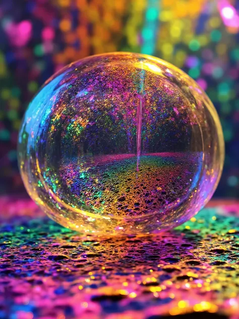 Incredibly detailed 3d glass spheres and bubbles with depth and neon fizzy liquid inside that spill out of one and into anorher. vibrant colors in a psychedelic dream, shimmering glass morphing out of colors, tripped out detailed patterns in all colors, pe...