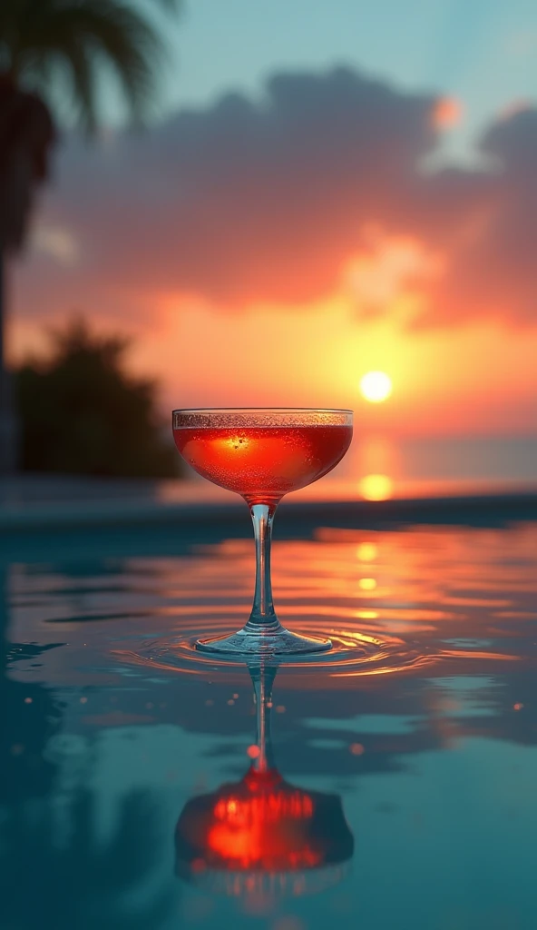 a solitary glass of cocktail on the edge of a pool, detailed glass with liquid, clear water pool, sunset sky reflection, warm golden hour lighting, atmospheric mood, photorealistic, 8k, highly detailed, cinematic, dramatic lighting, moody atmosphere