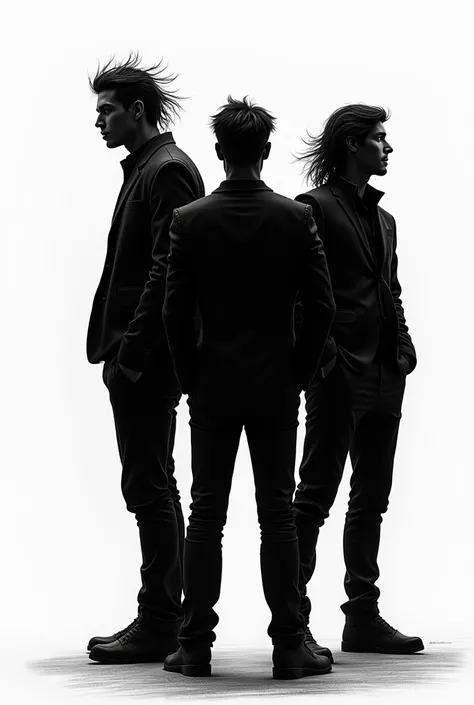 Three man with one with short hair and the other two with long hair .

Make it a silhouette that is sketched messily with a pencil