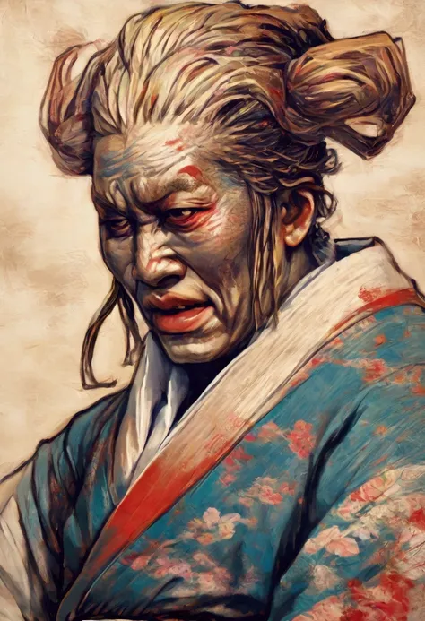  A very sexy female Yokai, (( Japanese Yokai mask )), tenue traditionnelle japonaise, ((art traditionnel japonais)), ((Demonic yokai )), (( Japanese painting style )), ((Samurai mask)), (( huge scary mouth )), (((topless)))