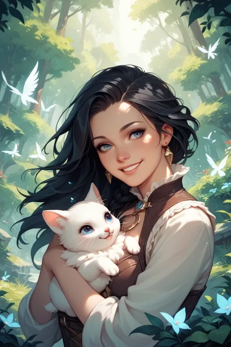 8K high image quality, high quality, fantasy, in the forest of bright sun, fallen angel, woman, 50s, smile that can feel love, long black hair, she is hugging a white and small kitten, image that conveys the love of cats