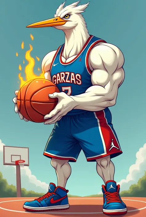 Muscular white heron ,  wearing a blue basketball uniform that reads GARZAS.  squeezing a flaming ball between your two hands on your chest, Jordan shoes. in cartoon.  looking at the front . Logo for a basketball jersey  