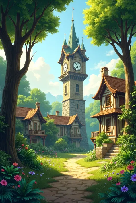 A Forest in summer , with a clock tower.