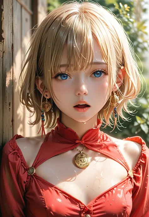 Best Quality, masterpieceUltra HD, 8k，((bright red inner suit))， simple village girl、桃色の髪，青 eyes，Shortcuts, Best Quality,High resolution, Ultra HD, blue eyes,（ short hair on the nose ）、 soaked,  My Nipples Are Erected Under My Clothes、Score_9, Score_8_up, ...