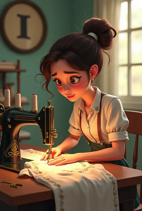 Animated female seamstress with sewing machine with a letter I