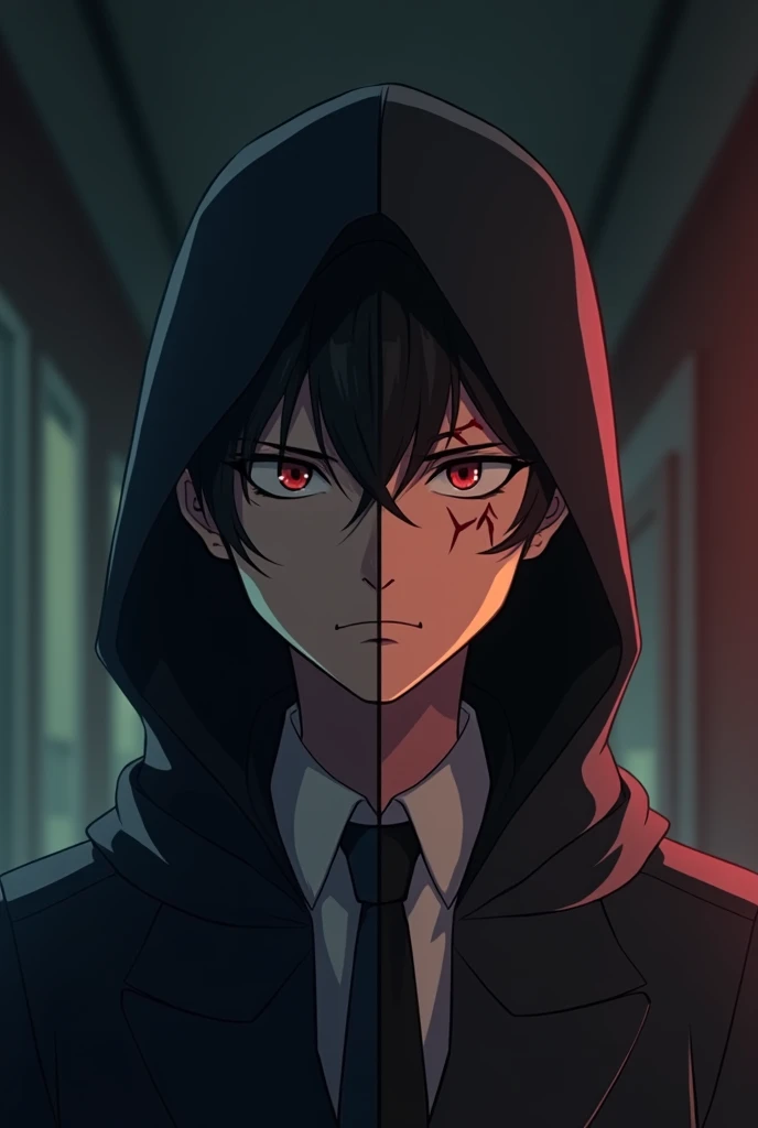 A 20-year-old young man on shape anime, he lives his life with 2 different roles. His face is divided into 2 very different roles. The right face depicts him as a vigilante: there are scratches on his face and very mysterious and puzzles face than he wears...