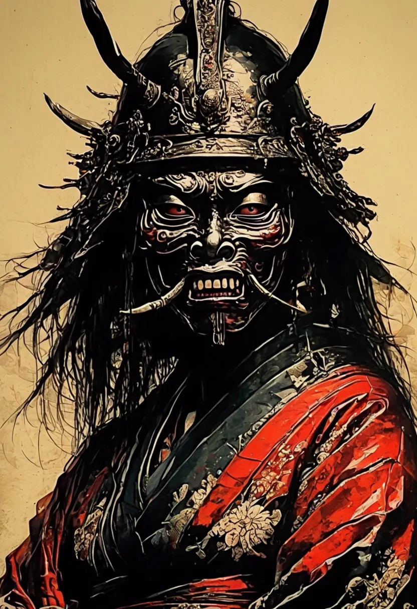 a very sexy female yokai, (( japanese yokai mask )), tenue traditionnelle japonaise, ((art traditionnel japonais)), ((demonic yo...