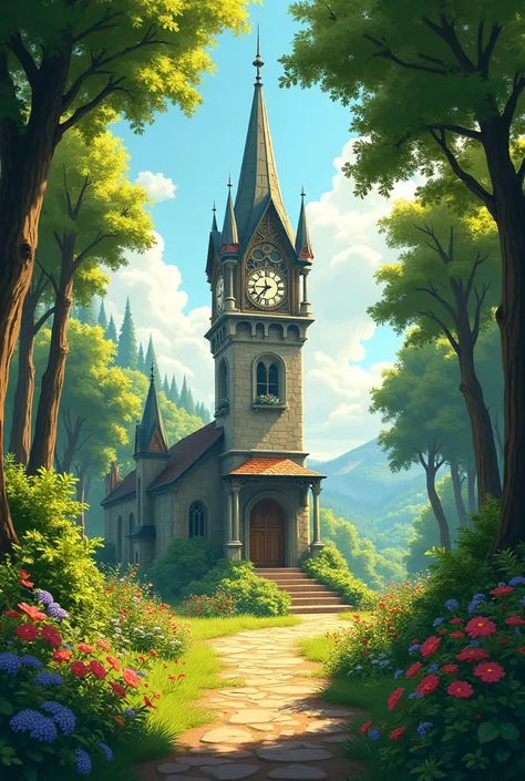 A Forest in summer , with a clock tower.