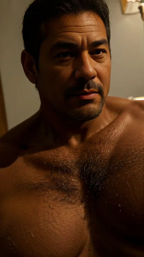 (best quality,4k,8k,highres,masterpiece:1.2),ultra-detailed,(realistic,photorealistic,photo-realistic:1.37),full body portrait,middle-aged man,asian,brown,chubby,muscular,60 years old,father,dadbod,shirtless,hairy chest and abs,smart professor,detailed eye...