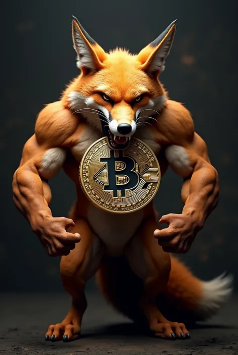 An image customizing the Metamask fox in a muscular way, devouring a Bitcoin in a realistic way