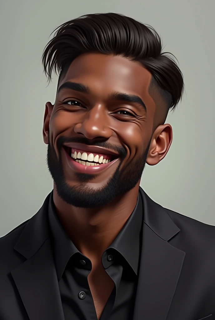  A dark man with a beautiful smile , straight hair,  who has no beard who looks realistic slim, thick eyebrows, dressed in a modern style ,  high-profile style that reflects joy and is thoughtful 