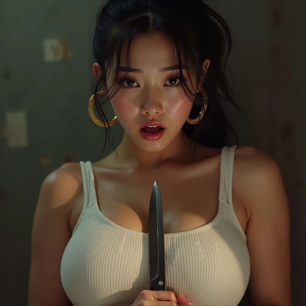 Asian woman, huge breasts, white ribbed button tank top, cleavage showing, ponytail, hoop earrings, nipples hard, knife between chest, surprised look, close up of breasts