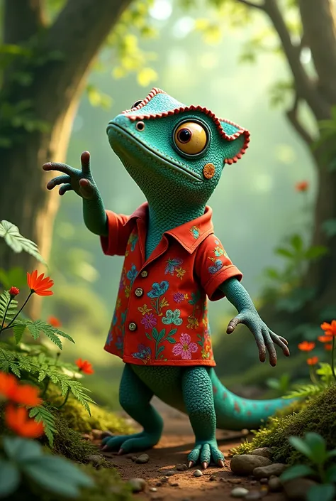  chameleon wearing a red shirt with floral print,  Pointing to the left side,  in a lush forest .