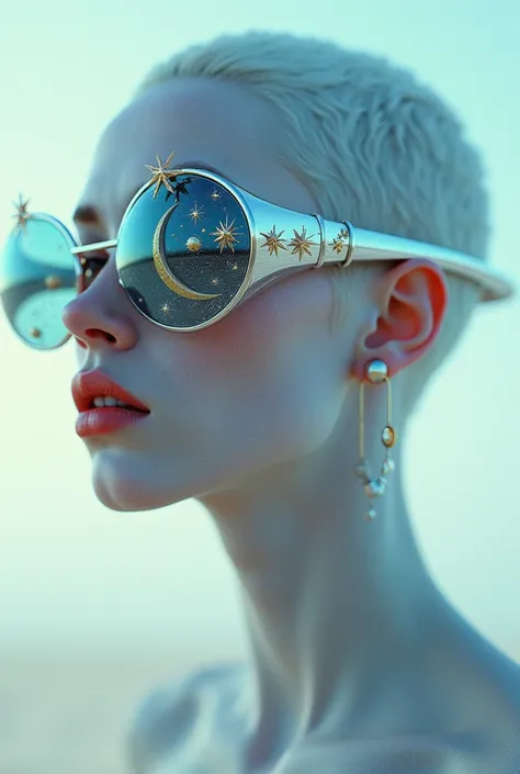 The model is wearing glass sunglasses with stars and the moon on the glass and its naked