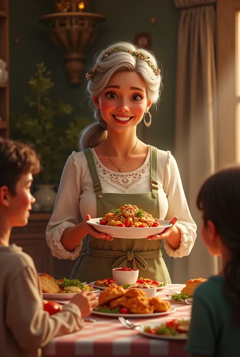 **mother (mother)**:  A mother smiling while serving a delicious typical Italian dish on the table during a family gathering, with everyone around her .
