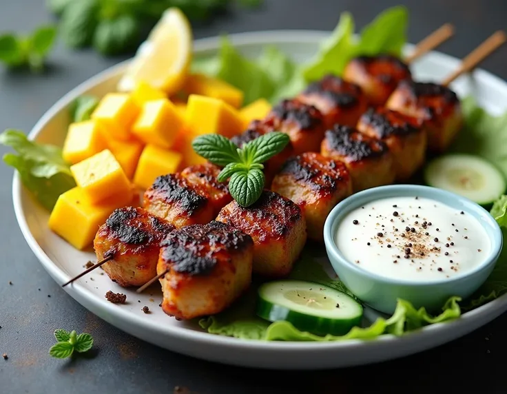 " A vibrant and fresh dish with perfectly roasted beef or pork kebab skewers , with juicy and golden pieces ,  and marked with the smoky flavors of the grill .  The skewers are accompanied by a generous yogurt and mint sauce ,  that is gently poured onto t...