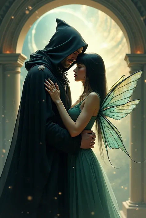  Create an image of a wizard with a black cape and a hood so you cant see his face, together with a fairy with smooth black hair and a fringe make this fairy with beautiful wings . Make them hugging each other in front of a portal .realistic