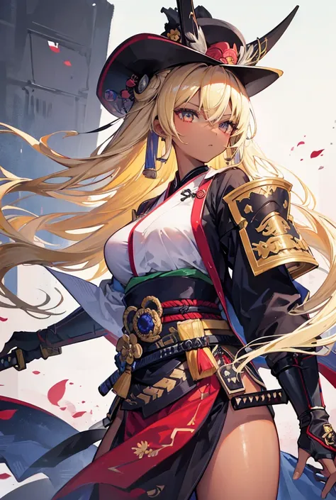 High Resolution, 1girl, Masterpiece, Best Quality, High Details, Long Hair, Blonde Hair, dark skin, samurai, katana