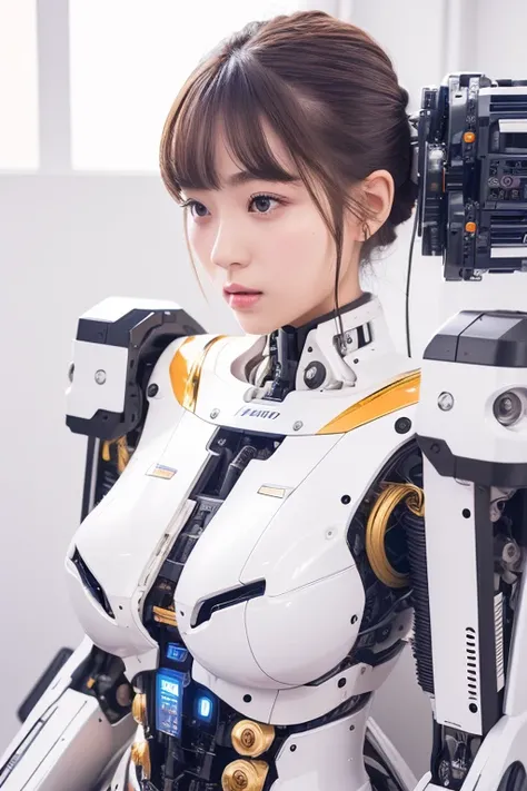 masterpiece, best quality, extremely detailed,portrait,upper body,front view,Japaese android girl,Plump, control panels,android,Droid,Mechanical Hand, Robot arms and legs,Blunt bangs,long tube,thick cable connected her neck,