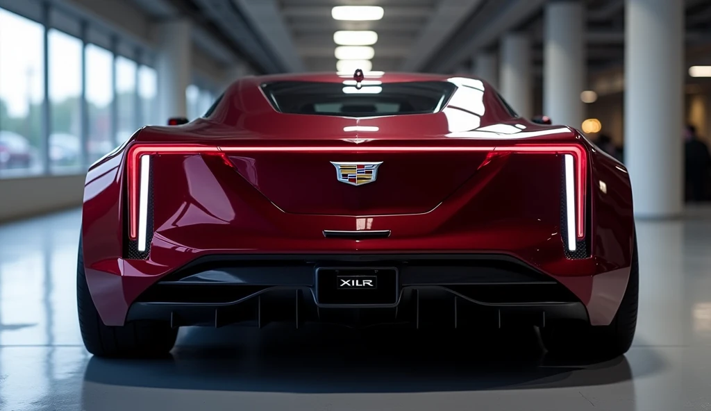 "A back view of a sleek, red maroon Cadillac xlr 2025 model, showcasing its modern, angular taillights and streamlined design. The car is parked indoors, with reflections of the overhead lights on its glossy surface, highlighting its elegant and futuristic...