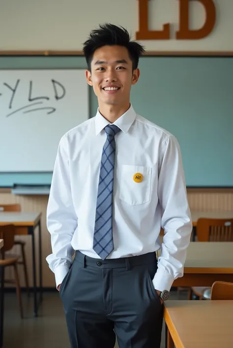 High detail photography full body portrait of a handsome young Indonesian,big body,clean white face, smile sweetly,black spiky hair , 18 years old wearing the same school uniform long sleeve white shirt blue grey tie,  pocket on the left with a yellow brow...