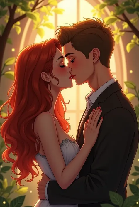 A couple kissing her with long wavy red hair  , the one with brown and short hair and a 14-year age difference 