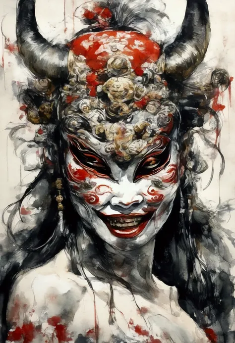  A very sexy female Yokai, (( Japanese Yokai mask )), tenue traditionnelle japonaise, ((art traditionnel japonais)), ((Demonic yokai )), (( Japanese painting style )), ((Samurai mask)), (( huge scary mouth )), (((topless)))