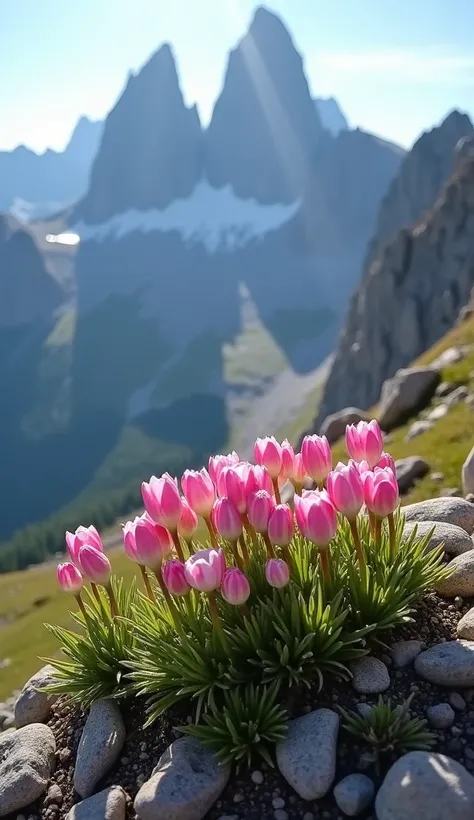 Peaks where alpine plants bloom, showcasing vibrant colors and delicate beauty amidst harsh conditions. This stunning picture captures the resilience of these fragile flowers thriving in the rugged mountain landscape. The image is a breathtaking photograph...