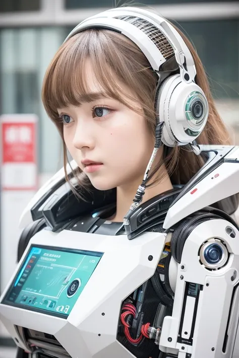 masterpiece, best quality, extremely detailed,portrait,upper body,front view,Japaese android girl,Plump, control panels,android,Droid,Mechanical Hand, Robot arms and legs,Blunt bangs,long tube,thick cable connected her neck,