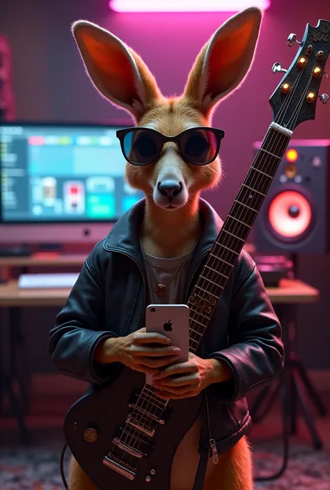 KANGAROO MUSICIAN TAKING A PICTURE WITH IPHONE BEHIND HIS BATTERY KEYTAR PIANO COMPUTER 