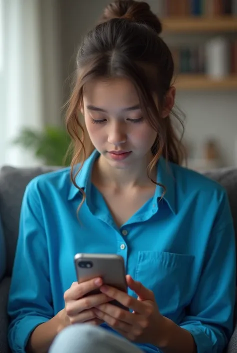  a girl, Wearing a blue shirt watching social networks 