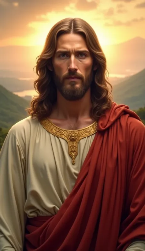  An impactful and realistic portrait of Jesus Christ , completely frontal ,  looking straight ahead with a serene and welcoming countenance .  His deep eyes transmit peace and hope ,  without any distraction or diversion of attention .  He has long and wav...