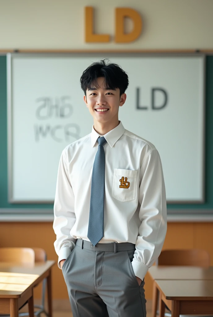  High detail photography full body portrait of a handsome young Korean boy ,large body rather chubby ,clean white face, smile sweetly,black spiky hair ,20 year old wearing same school uniform white shirt long sleeve tie bluish grey,  pocket on the left wit...