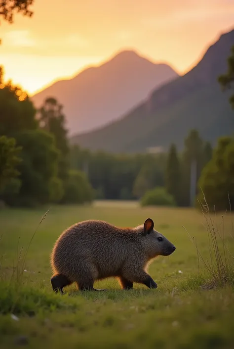 Wildlife photography taken with a Nikon Z 6II camera with a Nikon NIKKOR Z 400mm f/2.8 TC VR S lens, rare shot of Common wombat is Walking on a stretch of grass with a beautiful mountain backdrop in the lush forest of Narawntapu National Park as the sun be...