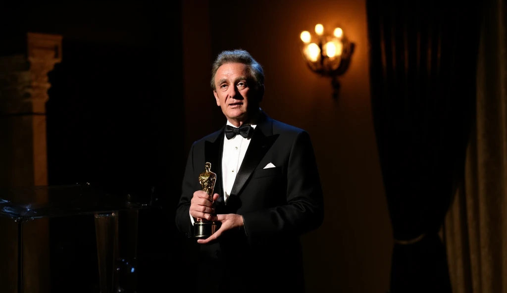 Cinematic photo of 70 year old actor Sean Connery giving a speech holding an Oscar statue in his hands.