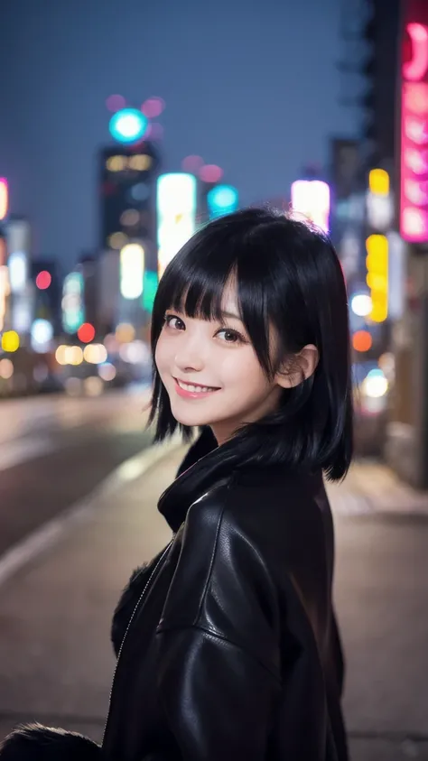  1 adult girl, , ((( black hair))), ((Tokyo cityscape)),  (( Japanese)),   super high definition, ((Neon at night))(( driveway in the prairie ))((  Nice Style))(bangs)(( Extreme Close Up))( cute face)
( high definition model, )(( wind is blowing)(( ))((Rea...