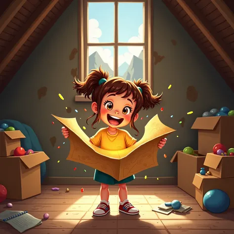  Illustration of a lively young girl with curly brown hair in pigtails, excitedly holding an old, glowing map in her hands. She is standing in a dusty attic filled with boxes, colorful toys, and sunlight shining through a small window. The background inclu...