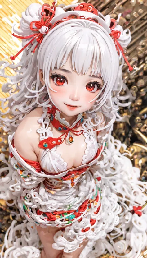 (((NSFW))),(( Masterpiece , 8k resolution , Perfect Element , Intricate Details )),((1 girl, japanese girl ,Pretty perfect.)),((White skin, Fine skin )),((White hair,Long hair)),((Small eyes,Red eyes, charming eyes )),( big breasts:1.2,Breast groove:1.2,Ro...