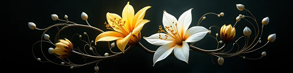 Black background, golden flower, white flower, vines