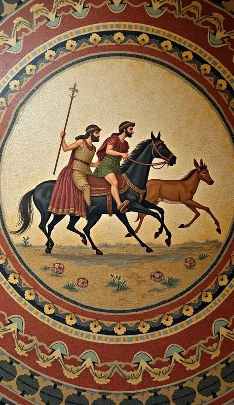 A detailed view of a Roman villa’s floor mosaic. The artwork depicts a hunting scene with vibrant colors: hunters on horseback chasing deer, surrounded by intricate geometric patterns. Tiny, carefully placed tiles in shades of gold, red, and blue create a ...