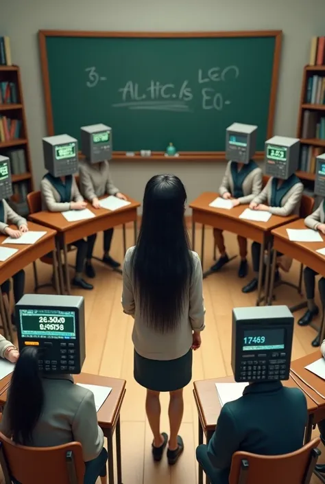  female teacher with black hair and students with the body and head of a calculator in a 360-degree classroom with a blackboard 