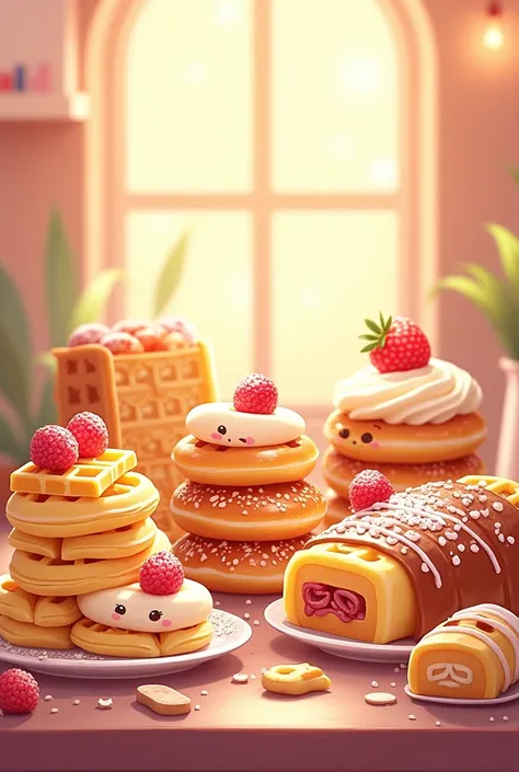  An illustration of a pastry menu,  art where waffles are sold , donuts and hot cackes ,  with a kind of cute ,  the illustration must be ideal to be published in Instagram stories,each of the desserts must be clearly seen , The pastries should be closer t...