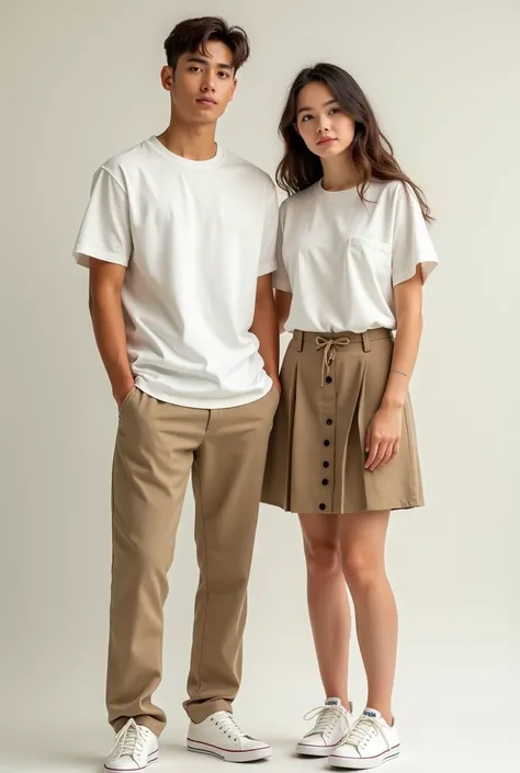 Generate an image of two 16-year-old students wearing white t-shirts and filos vino ,  one wearing khaki pants and the other wearing khaki skirts who are students in the clothing industry