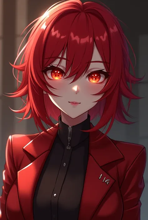 Furina from Genshin Impact with red hair and red eyes. Both eyes has fire mark symbol. Wearing red tuxedo