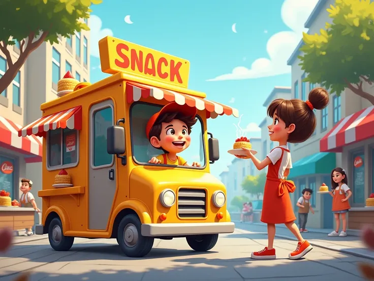 seller (fictional character )  from the food truck delivers the snack to the customer in a cartoon