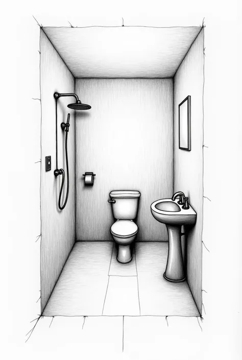  an individual bathroom with shower , toilet and sink   . Hand drawing with pencil