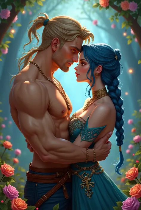 ((masterpiece, best quality)), masculine man, muscular frame Ash-blond, slightly wavy, tied back in a loose, short ponytail Bright amber eyes, Sun-kissed tan with faint scars, thief fantasy clothing, hugging , blue braided hair, woman, orange eyes, hair be...